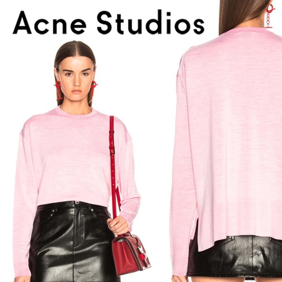 ACNE STUDIOS Blush Pink Finola Two Tone Merino Wool Crewneck Pullover Knit-M - Picture 1 of 4